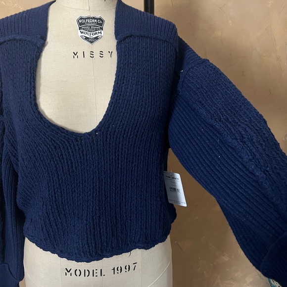 Free People M Knit Sweater Puff Sleeve Crop Blue NWT - Picture 4 of 8